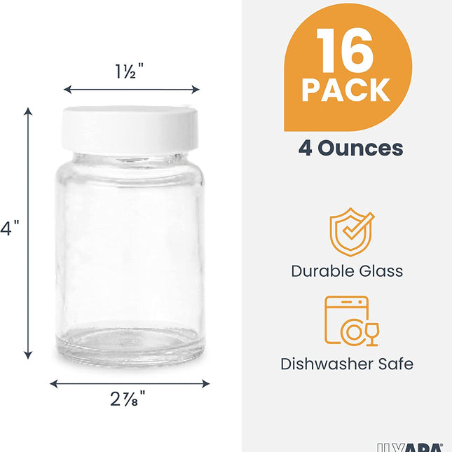 Ilyapa Glass Juice Shot Bottles Pack of 16 - 4oz On The Go Beverage Storage Container with White Cap, Reusable, Leak Proof