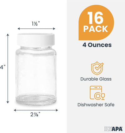 Ilyapa Glass Juice Shot Bottles Pack of 16 - 4oz On The Go Beverage Storage Container with White Cap, Reusable, Leak Proof