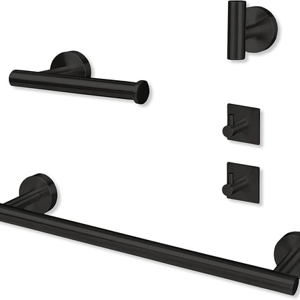 Ilyapa 3 Piece Matte Black Wall Mounted Bathroom Hardware Set - Towel Bar, 1 Big Hook, 2 Small Hooks, Toilet Paper Holder, with Mounting Hardware