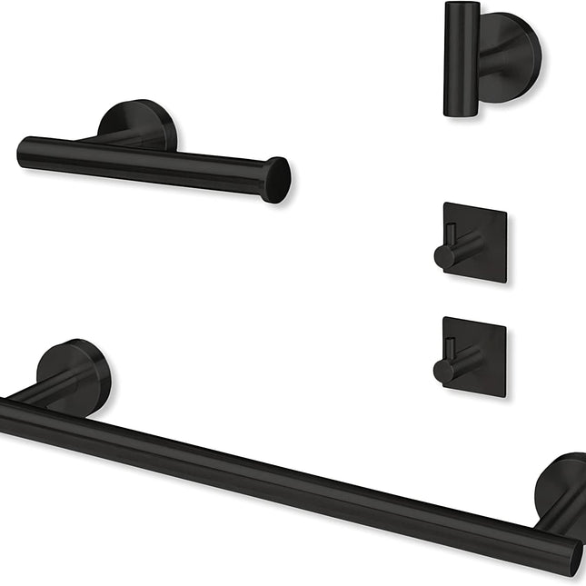 Ilyapa 3 Piece Matte Black Wall Mounted Bathroom Hardware Set - Towel Bar, 1 Big Hook, 2 Small Hooks, Toilet Paper Holder, with Mounting Hardware