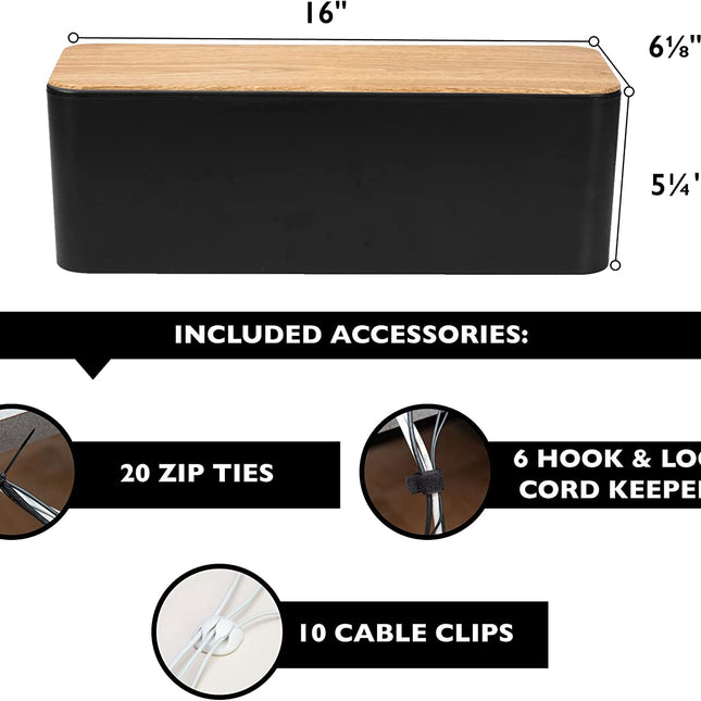 Cable Management Box - Cord Organizer for Wires, Power Strips - with Cable Sleeve, Hook and Loop Strap, Zip Ties, Clips - Black Plastic, Wood Top
