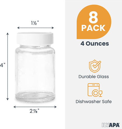 Ilyapa Glass Juice Shot Bottles Pack of 8 - 4oz On The Go Beverage Storage Container with White Cap, Reusable, Leak Proof