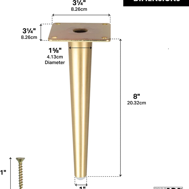 Ilyapa Tapered Metal Furniture Leg - Set of 4 Gold 8" Replacement Furniture Feet