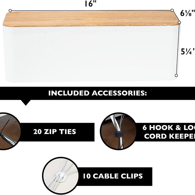 Cable Management Box - Cord Organizer for Wires, Power Strips - with Cable Sleeve, Hook and Loop Strap, Zip Ties, Clips - White Plastic, Wood Top