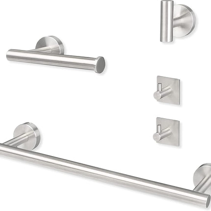 Ilyapa 3 Piece Silver Wall Mounted Bathroom Hardware Set - Towel Bar, 1 Big Hook, 2 Small Hooks, Toilet Paper Holder, with Mounting Hardware