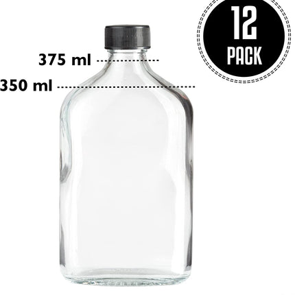 Ilyapa 350 ml Glass Flask Bottle - 12 Pack Liquor Pocket Flask with Plastic Top, Sauce, Oil, Syrup Bottle