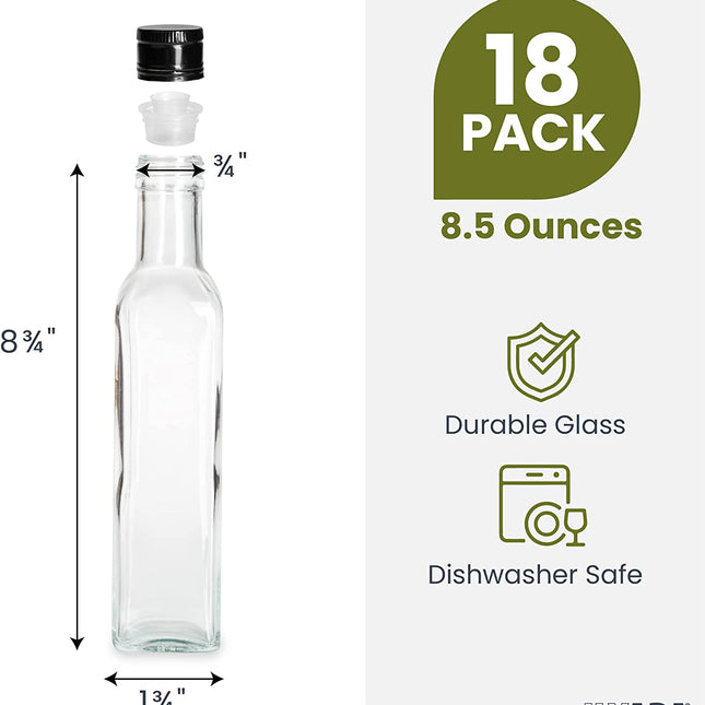 18 Pack 8.5 oz Square Glass Bottles For Hot Sauce, Syrups, Marinades - Woozy Bottle with Black Cap