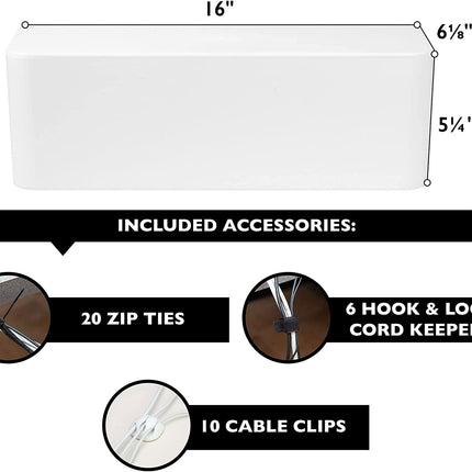 Cable Management Box - Cord Organizer for Wires, Power Strips - Includes Cable Sleeve, Hook and Loop Strap, Zip Ties, Clips - White Plastic