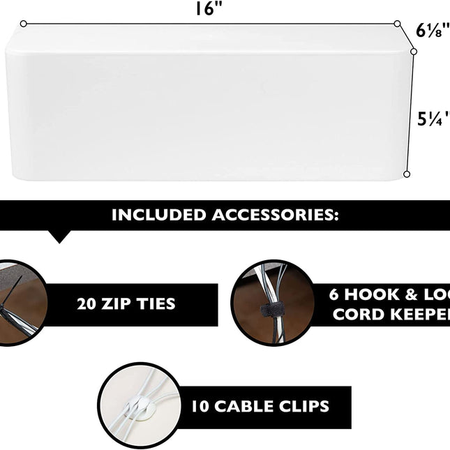 Cable Management Box - Cord Organizer for Wires, Power Strips - Includes Cable Sleeve, Hook and Loop Strap, Zip Ties, Clips - White Plastic