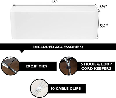 Cable Management Box - Cord Organizer for Wires, Power Strips - Includes Cable Sleeve, Hook and Loop Strap, Zip Ties, Clips - White Plastic