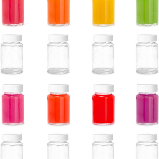 Ilyapa Glass Juice Shot Bottles Pack of 16 - 4oz On The Go Beverage Storage Container with White Cap, Reusable, Leak Proof