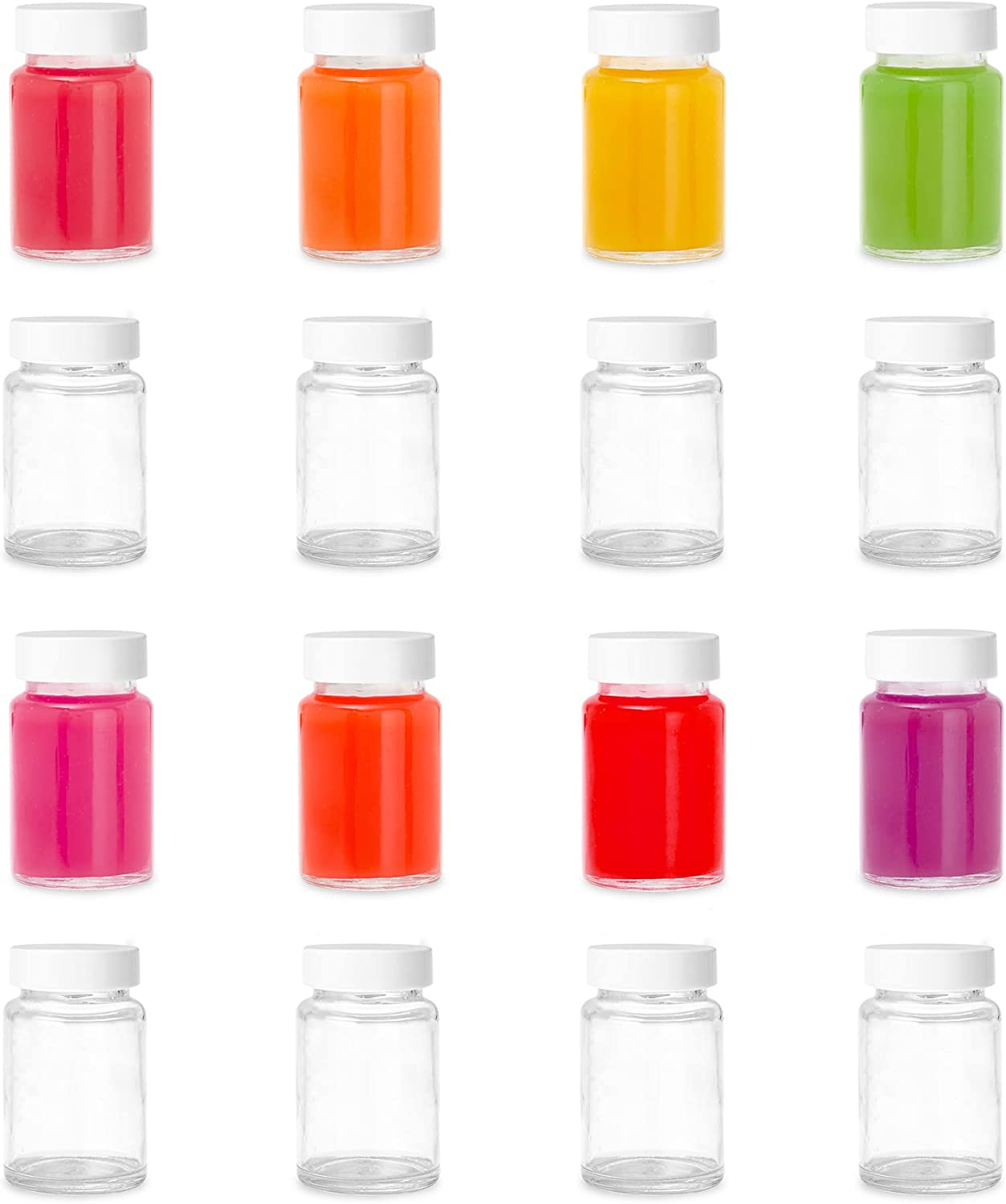 Ilyapa Glass Juice Shot Bottles Pack of 16 - 4oz On The Go Beverage Storage Container with White Cap, Reusable, Leak Proof