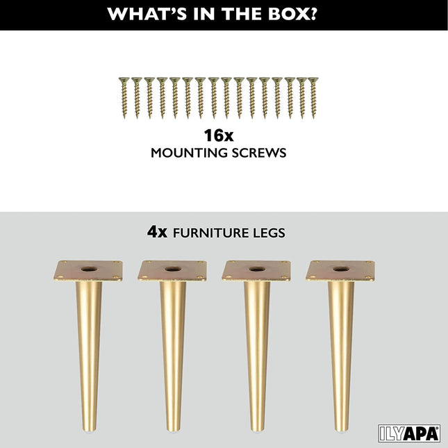 Ilyapa Tapered Metal Furniture Leg - Set of 4 Gold 8" Replacement Furniture Feet