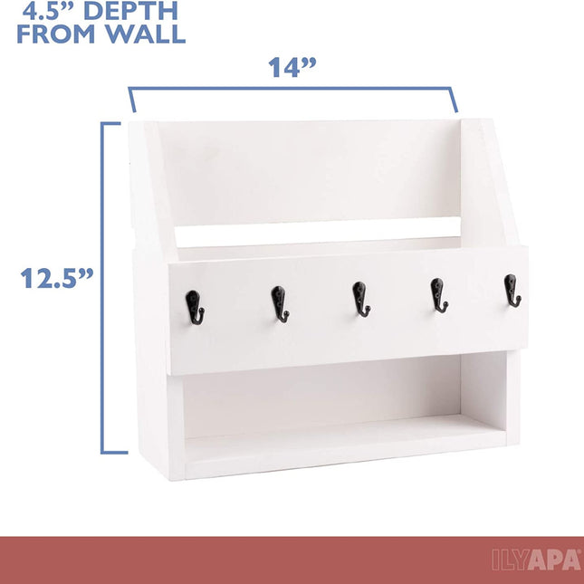 Ilyapa Rustic White Wooden Key and Mail Holder with Shelf - Wall Mounted