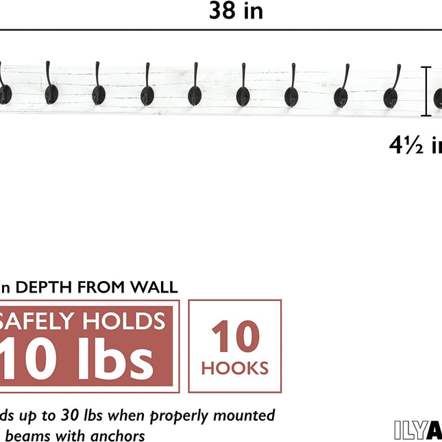 Ilyapa Wall Mounted Coat Rack, White Wooden Coat Hook Rail - 38" with 10 Retro Hooks