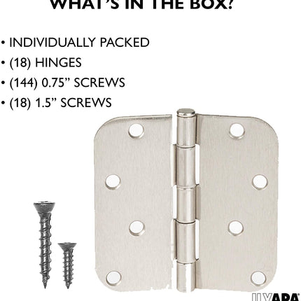 18 Pack of Door Hinges Satin Nickel - 4x4 Inch Interior Hinges for Doors with 5/8" Radius Corners