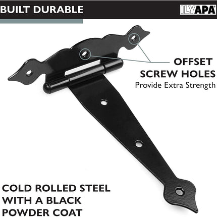 Ilyapa Heavy Duty Gate Hinges, 6 Pack - 8 Inch Decorative Outdoor T Strap Hinges for Barn Door, Shed or Wooden Fences
