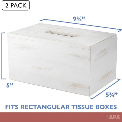 Ilyapa Wood Tissue Box Cover, 2 Pack Rectangular - Rustic Farmhouse White Wooden Tissue Holders