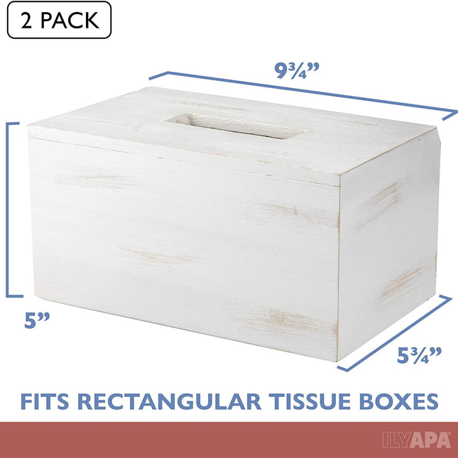 Ilyapa Wood Tissue Box Cover, 2 Pack Rectangular - Rustic Farmhouse White Wooden Tissue Holders