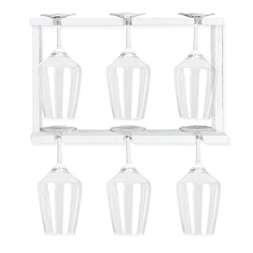 Ilyapa Wall Mounted Wooden Wine Rack - White 2 Tier Wine Glass Holder - Storage For 8 Glasses