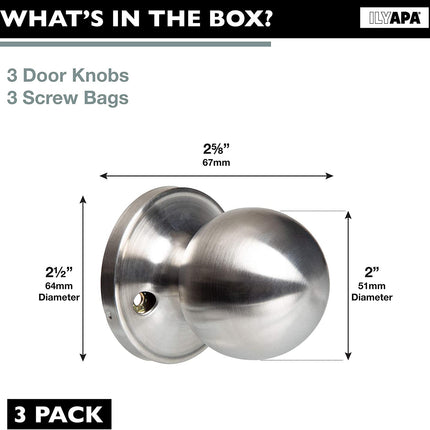 Ilyapa Half Dummy Door Knob - Ball, Satin Nickle 3 Pack
