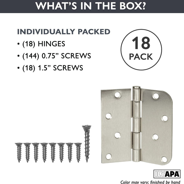 9 Pack of Door Hinges Satin Nickel - 4 x 4 Inch Interior Hinges for Doors with 5/8 Inch Radius