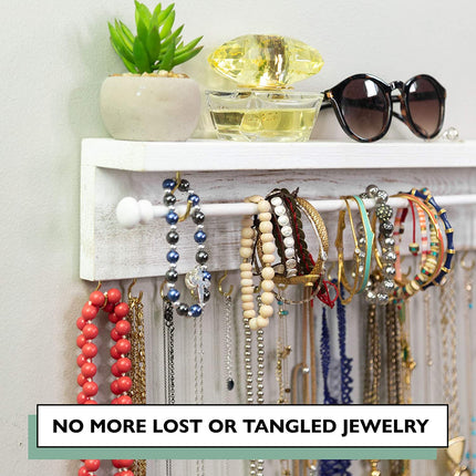 Ilyapa Wall Mounted Jewelry Organizer with Shelf - Rustic White Wood