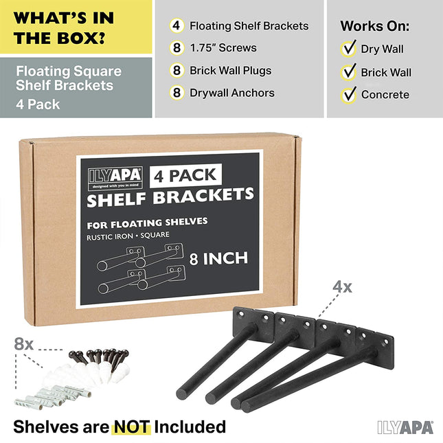 Heavy Duty Steel Concealed Floating Shelf Brackets 4 Pack of 8 Inch Blind Shelf Supports with 1.5" x 2" Square Base - Farmhouse Rustic Iron Finish Industrial Metal Shelf Holders, Hidden Shelf Brackets