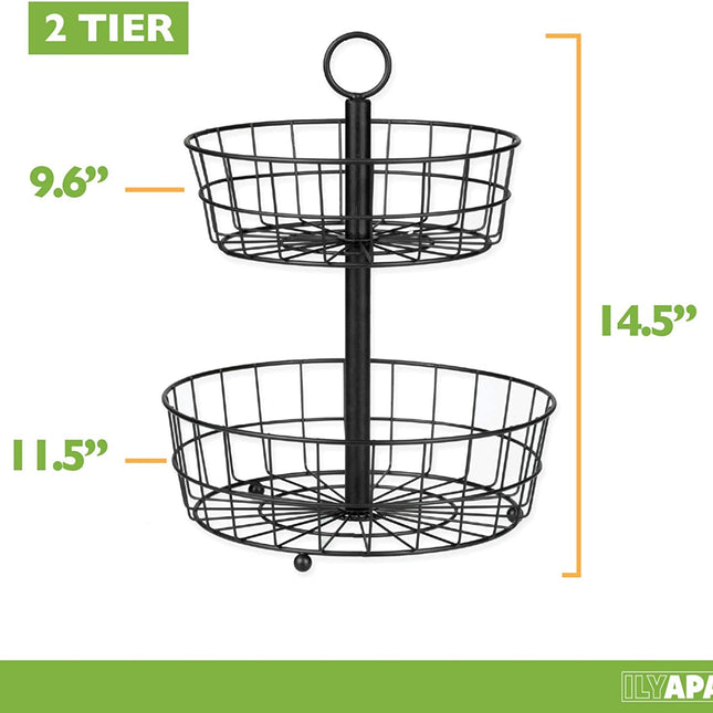 2 Tier Fruit Basket Stand - Galvanized 2 Tiered Metal Serving Tray for Fruit and Vegetable Storage