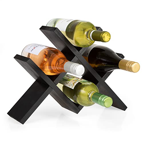 Ilyapa 4-Bottle Countertop Wine Rack - Rustic Weathered Black Wood Wine Bottle Holder