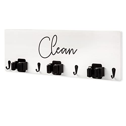 Ilyapa Broom Holder Wall Mount, White Wooden Mop Storage- 3 pole holders-4 Hooks