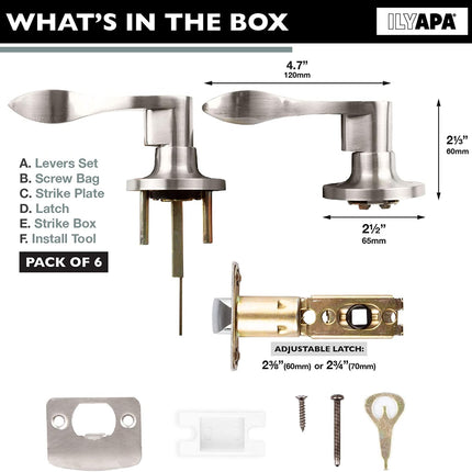 Interior Passage Lever - Keyless Hall and Closet Locksets, Reversible - Hall and Closet - Satin Nickel Finish - (6 Pack)