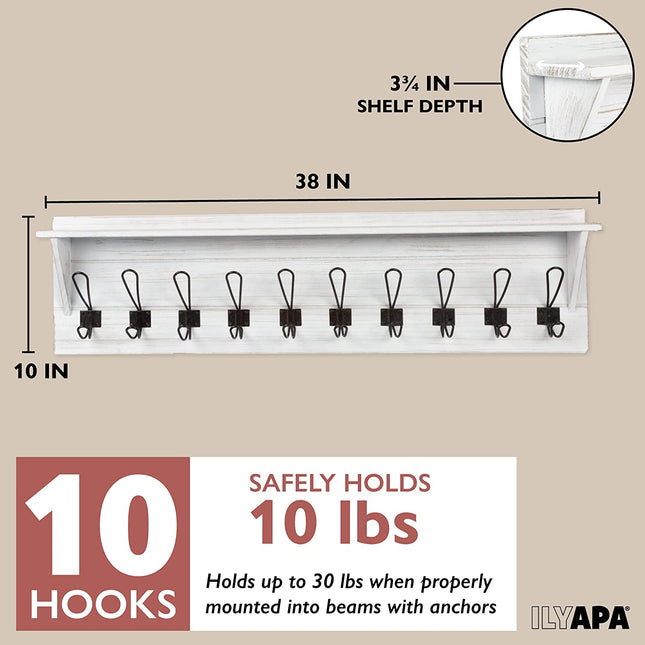 Ilyapa Wall Mounted Coat Rack Shelf, White Wooden - 38" Entryway 10 Hook