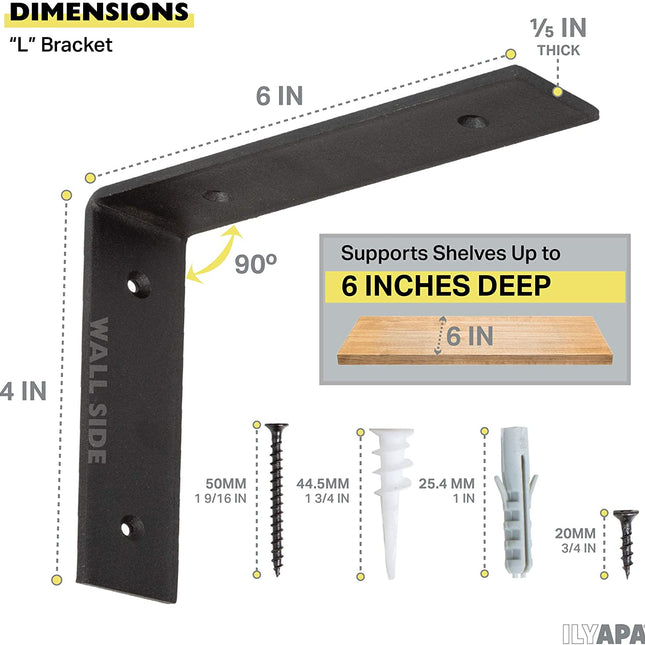 Heavy Duty Steel Shelf Brackets, L Bracket - Farmhouse Rustic Iron Matte Finish - 4 Pack of 4 x 6 Inch Industrial Metal Shelf Holders, Corner L Brace Joint Angle Brackets for Wall Mount Shelves