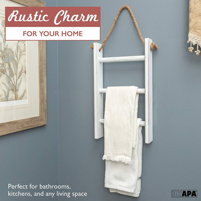 Ilyapa Ladder Towel Rack with Rope for Bathroom - Weathered White Wood Hanging Rustic Home Decor