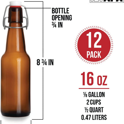 Ilyapa 16 oz Amber Flip Top Glass Beer Bottles for Home Brewing, Set of 12