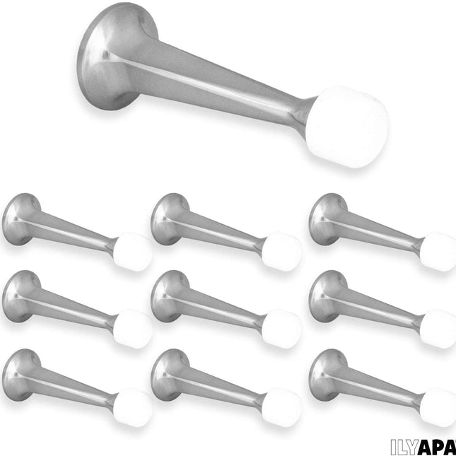 10 Pack of Door Stops Satin Nickel - 3 1/4 Inch Heavy Duty Door Stop with Rubber Bumper