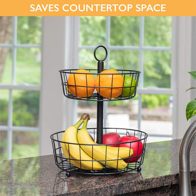 2 Tier Fruit Basket Stand - Galvanized 2 Tiered Metal Serving Tray for Fruit and Vegetable Storage
