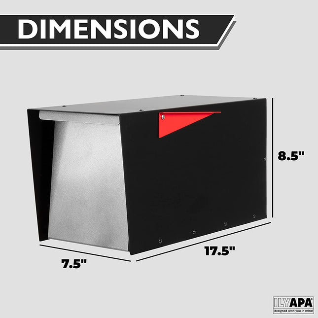 Ilyapa Modern Design Mailbox, Ready to Post Mount - Black Powder Coated Steel Heavy Duty , All Weather