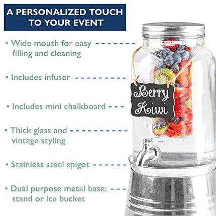 Outdoor Glass Beverage Dispenser with Infuser, Ice Bucket Stand, Stainless Steel Spigot & Hanging Chalkboard - 1.5 Gallon Outdoor Drink Dispenser for Lemonade, Tea, Cold Water & More