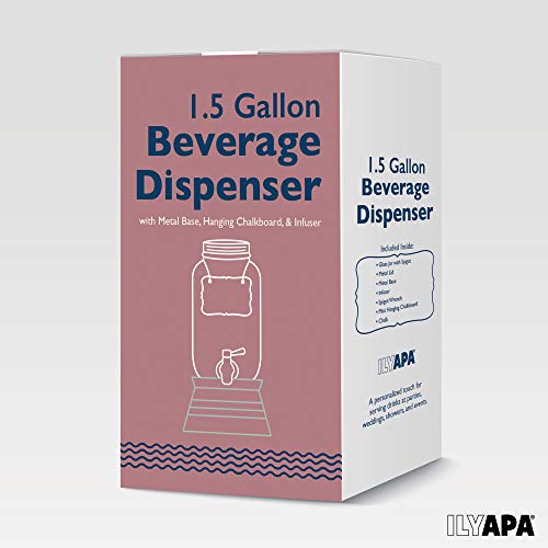 Outdoor Glass Beverage Dispenser with Infuser, Ice Bucket Stand, Stainless Steel Spigot & Hanging Chalkboard - 1.5 Gallon Outdoor Drink Dispenser for Lemonade, Tea, Cold Water & More