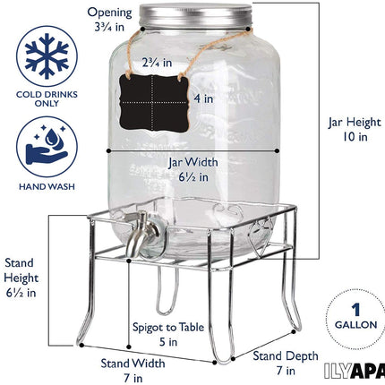 Outdoor Glass Beverage Dispenser with Sturdy Metal Base, Stainless Steel Spigot & Hanging Chalkboard - Drink Dispenser for Lemonade, Tea, Cold Water & More