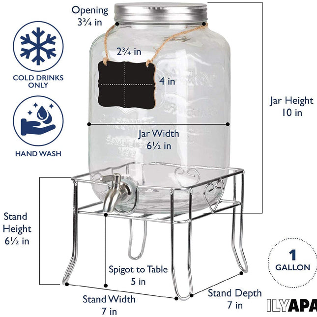 Outdoor Glass Beverage Dispenser with Sturdy Metal Base, Stainless Steel Spigot & Hanging Chalkboard - Drink Dispenser for Lemonade, Tea, Cold Water & More