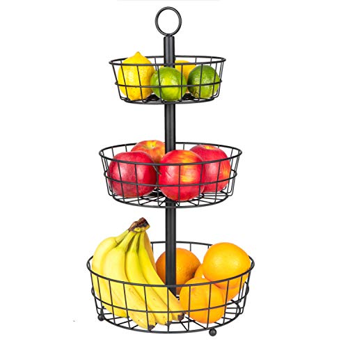 3 Tier Fruit Basket Stand - Galvanized 3 Tiered Metal Serving Tray for Fruit and Vegetable Storage