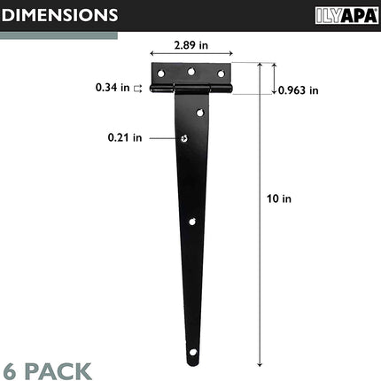 Ilyapa Heavy Duty Gate Hinges, 6 Pack - 10 Inch Outdoor T Strap Hinges for Barn Door, Shed or Wooden Fences