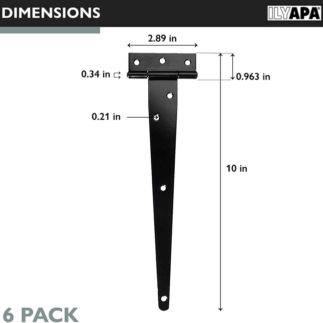 Ilyapa Heavy Duty Gate Hinges, 6 Pack - 10 Inch Outdoor T Strap Hinges for Barn Door, Shed or Wooden Fences