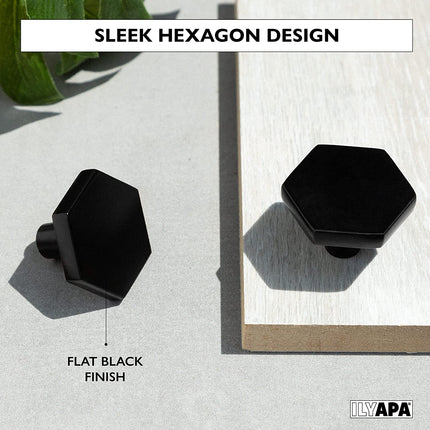 Ilyapa Flat Black Kitchen Cabinet Knobs - Hexagon Drawer Handles - 10 Pack of Kitchen Cabinet Hardware