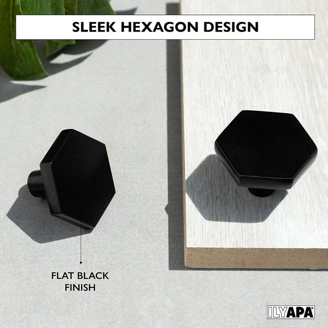 Ilyapa Flat Black Kitchen Cabinet Knobs - Hexagon Drawer Handles - 10 Pack of Kitchen Cabinet Hardware