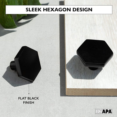 Ilyapa Flat Black Kitchen Cabinet Knobs - Hexagon Drawer Handles - 10 Pack of Kitchen Cabinet Hardware
