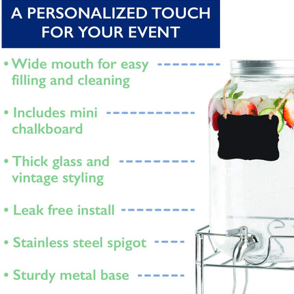 Outdoor Glass Beverage Dispenser with Sturdy Metal Base & Stainless Steel Spigot -2 Gallon Drink Dispenser for Lemonade, Tea, Cold Water & More
